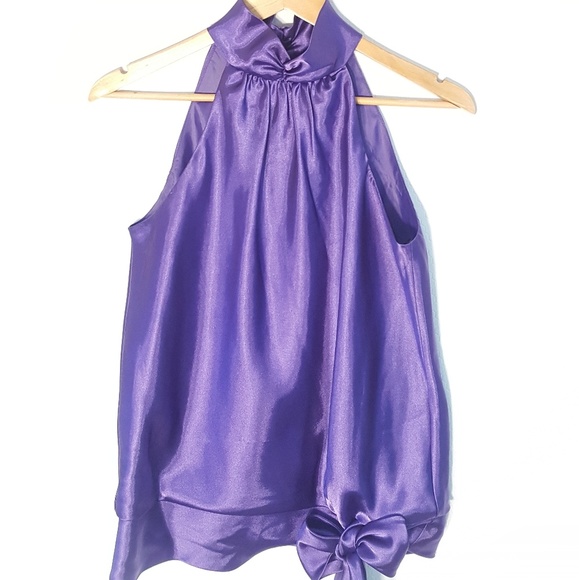 Eggplant Sleeveless Tie Waist Satin Blouse Top - Picture 4 of 7